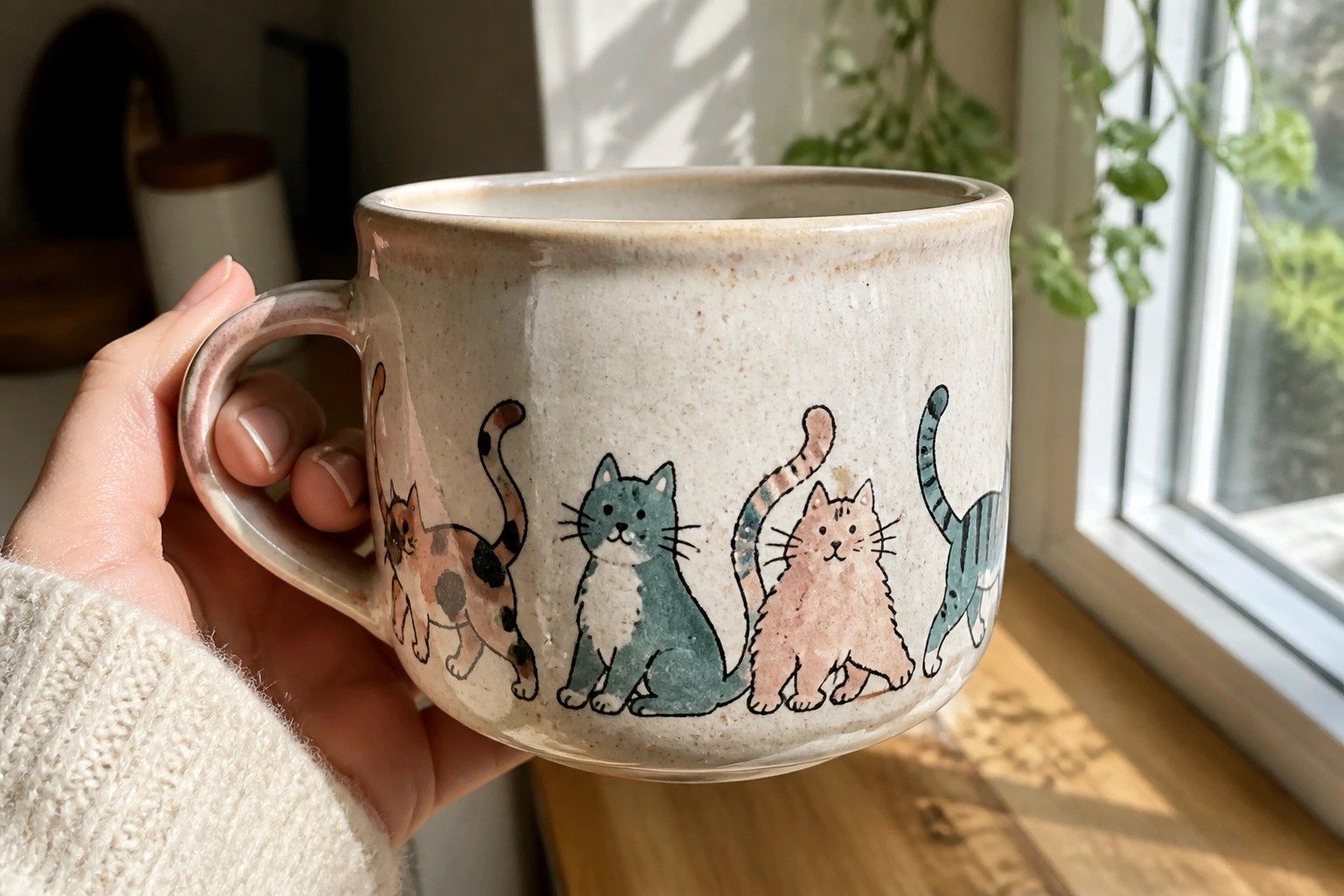 Hand holding white ceramic mug painted with walking green and pink cats