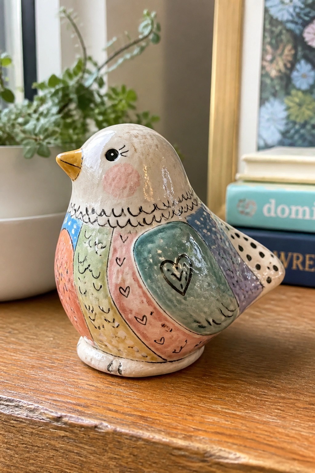 Colorful hand-painted ceramic bird figurine with hearts and patterns on wood