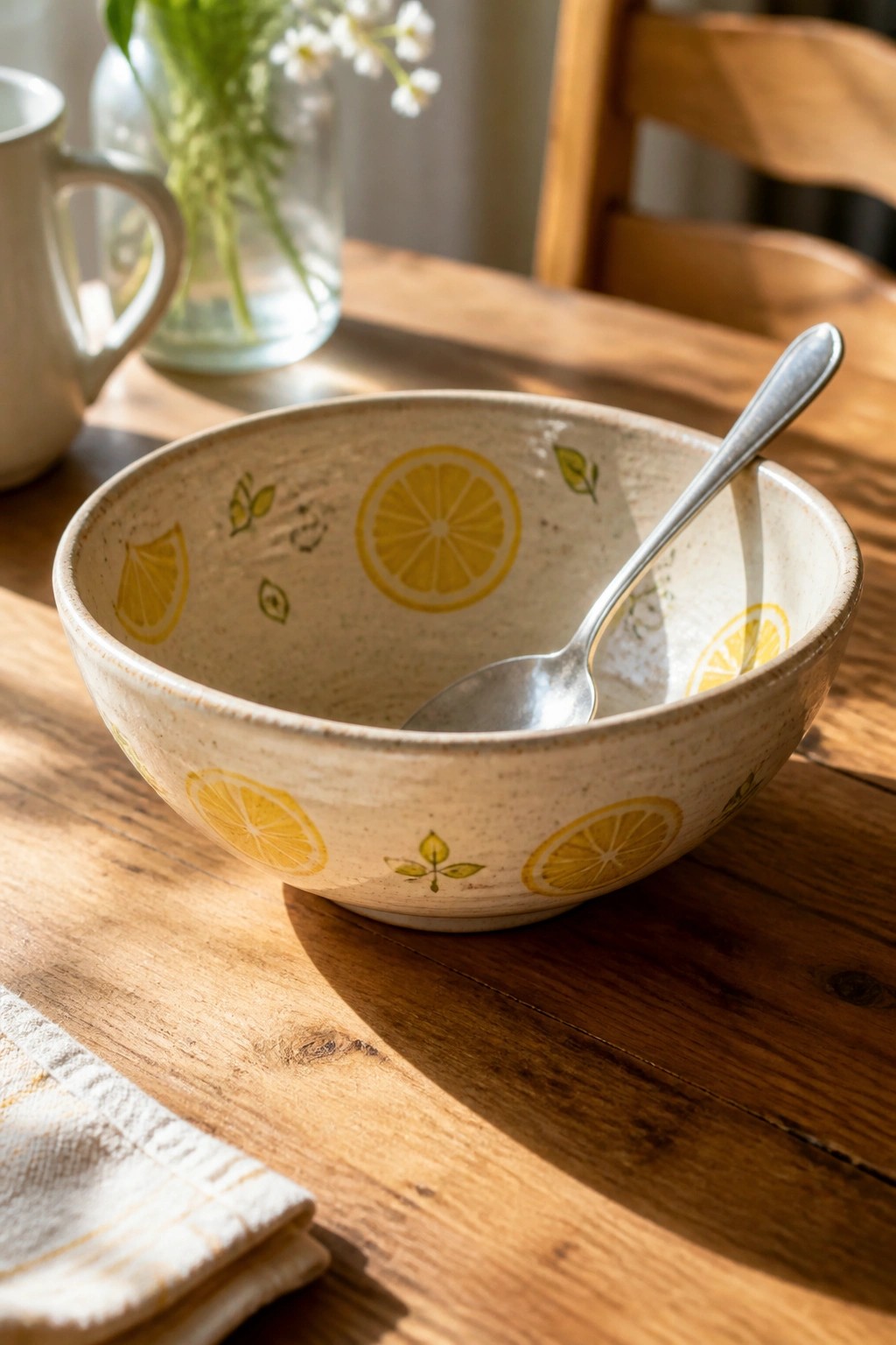 Ceramic bowl with lemon designs and spoon on sunlit wooden table.