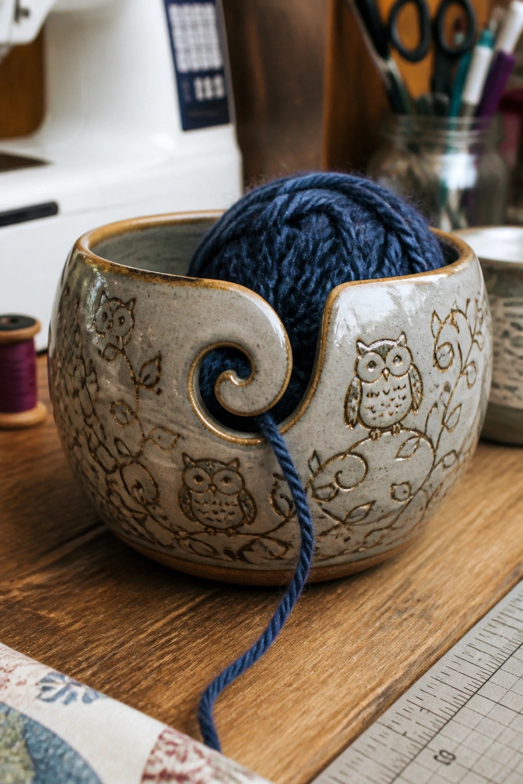 Ceramic yarn bowl with etched owls holding a ball of blue yarn