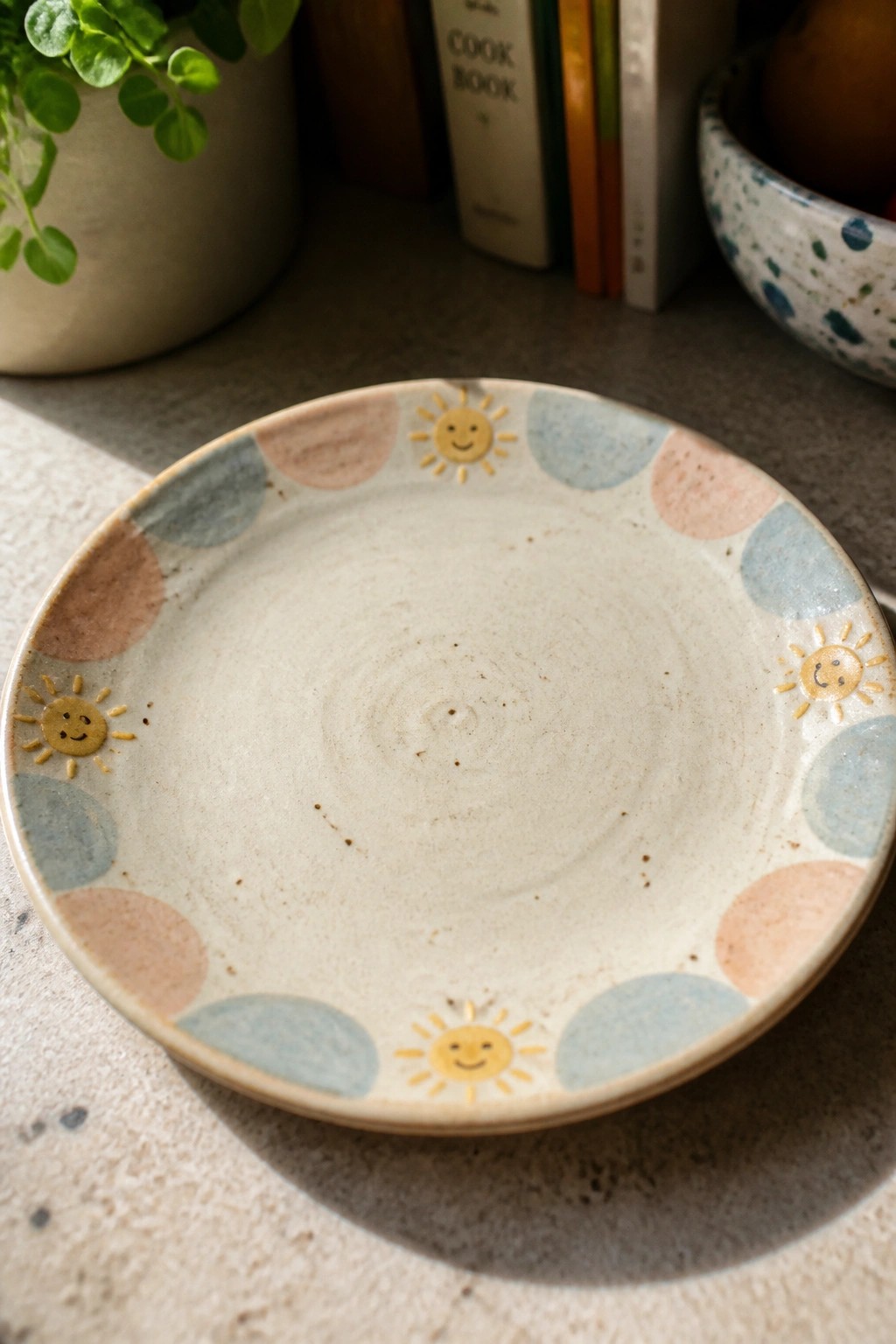 Ceramic plate with smiling yellow suns and pastel blue-pink circles on rim