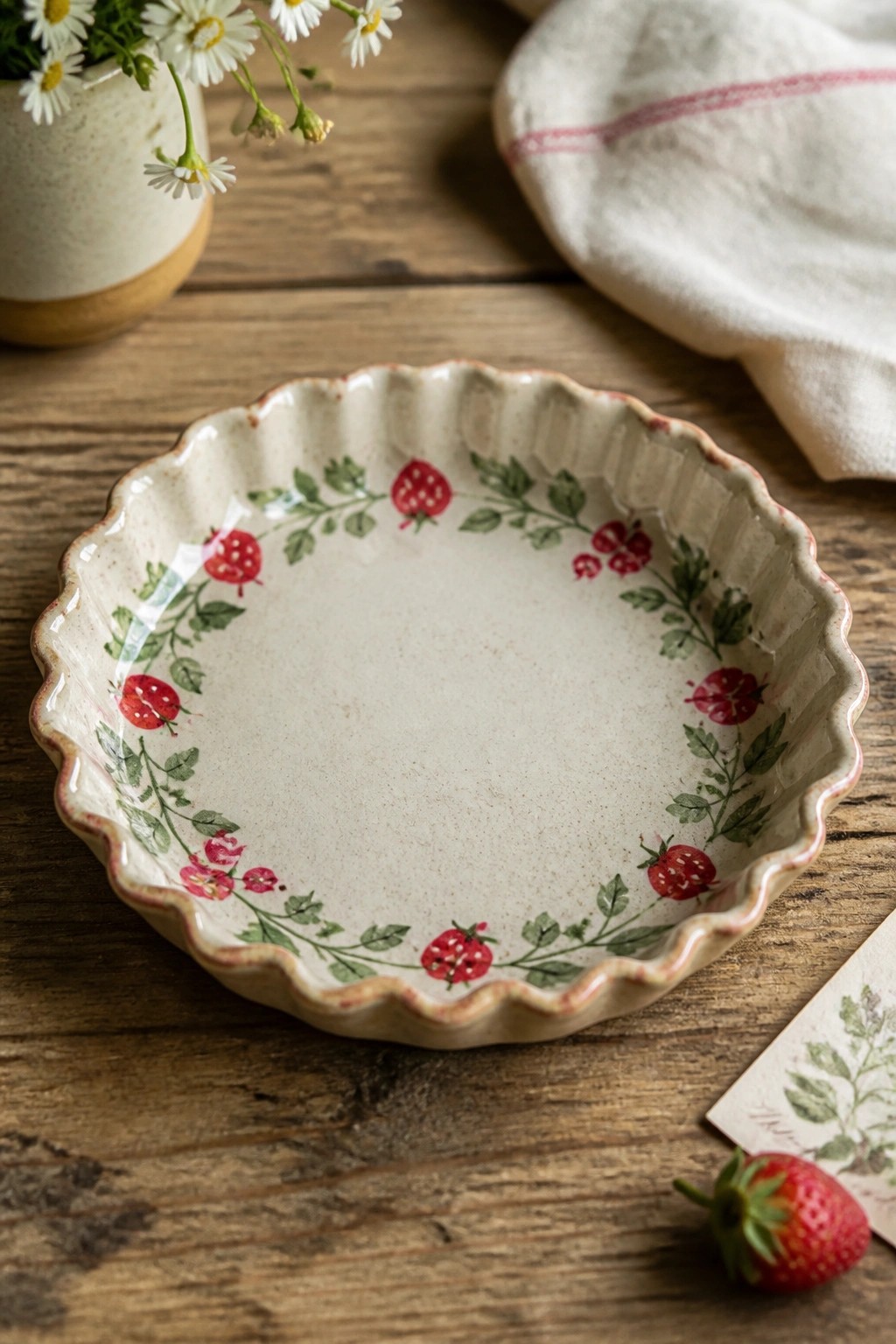 Ceramic fluted pie dish with strawberry vine border on wooden table beside fresh berry and daisies