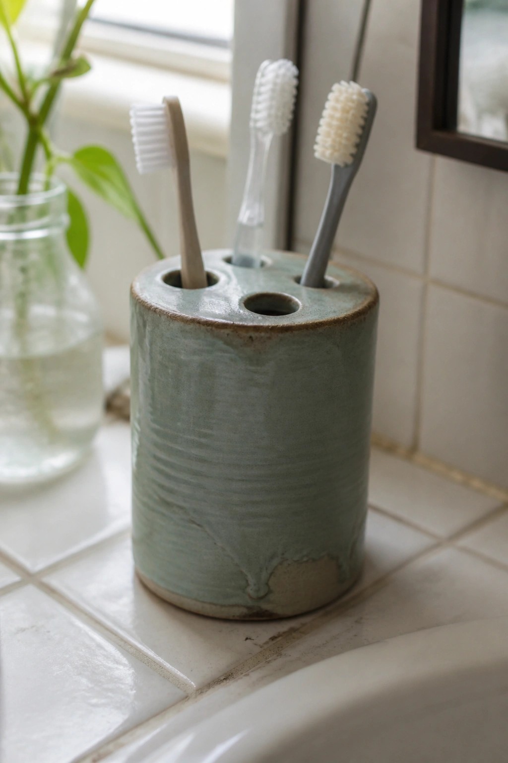 Green ceramic toothbrush holder with three brushes on white tiled counter