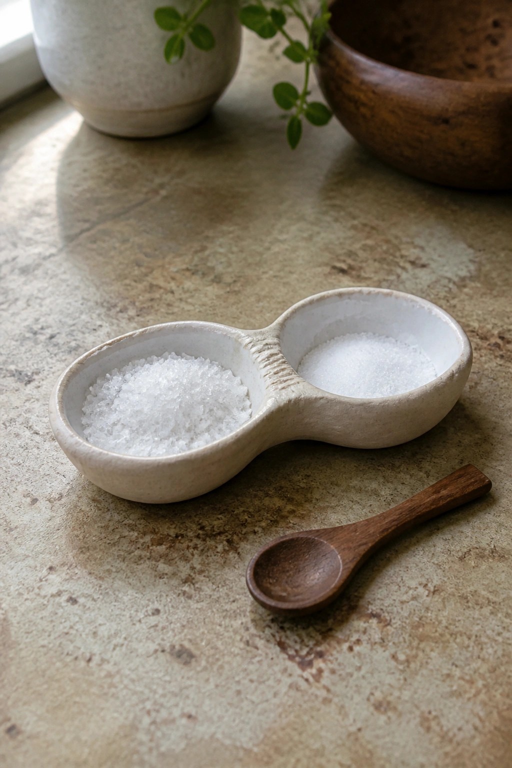 Double ceramic salt dish with coarse and fine salt beside wooden spoon on stone counter
