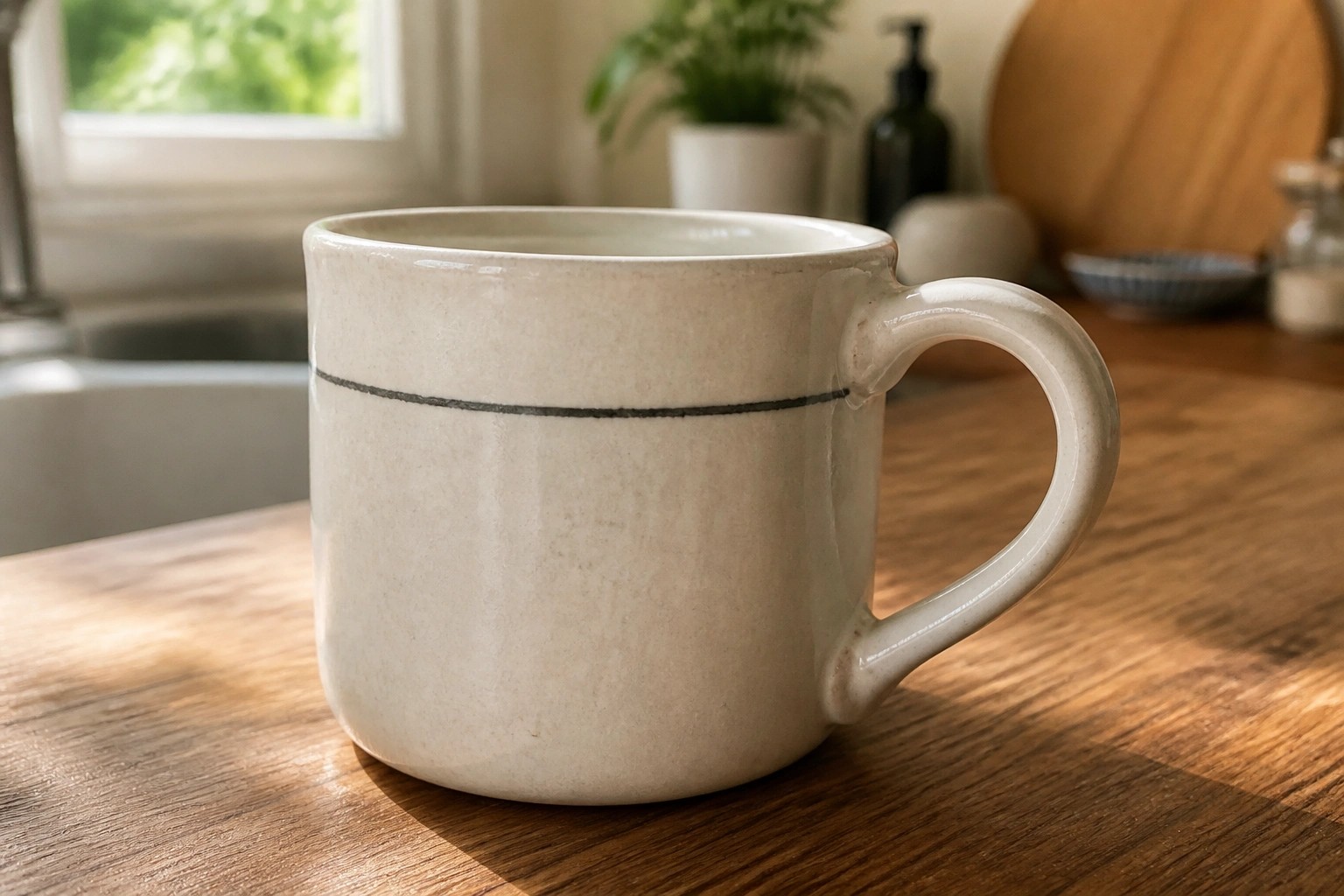 White ceramic mug with thin black line on wooden kitchen table