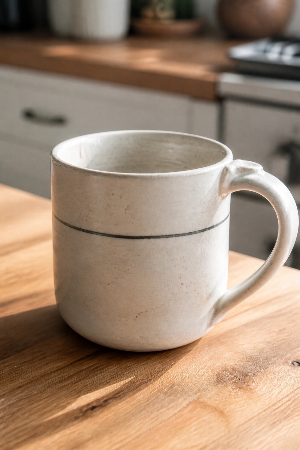 White ceramic mug with thin black line on wooden kitchen table