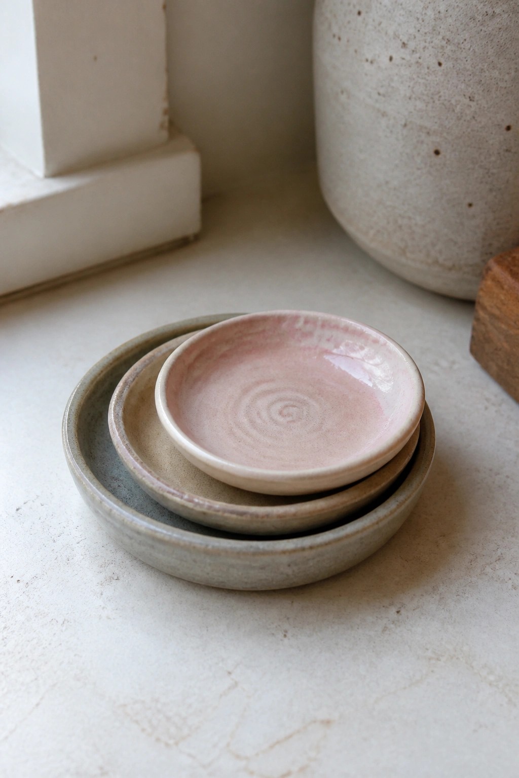 Three stacked ceramic bowls with a small pink one atop neutral gray and beige.