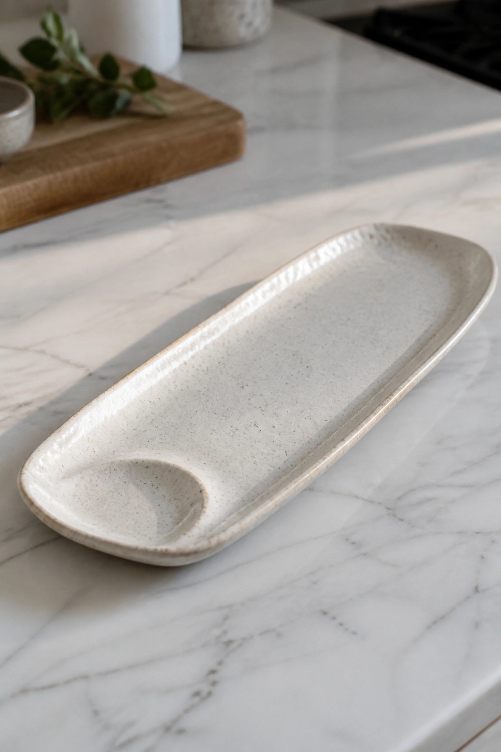 Long speckled ceramic serving dish on white marble kitchen countertop