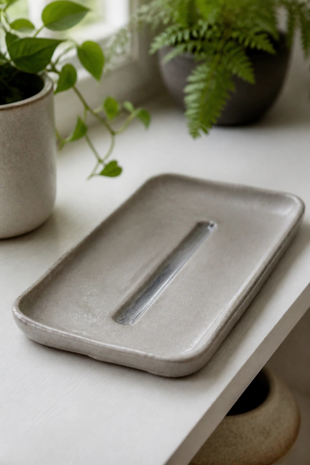 Light gray ceramic tray with long central groove on white surface amid potted plants.