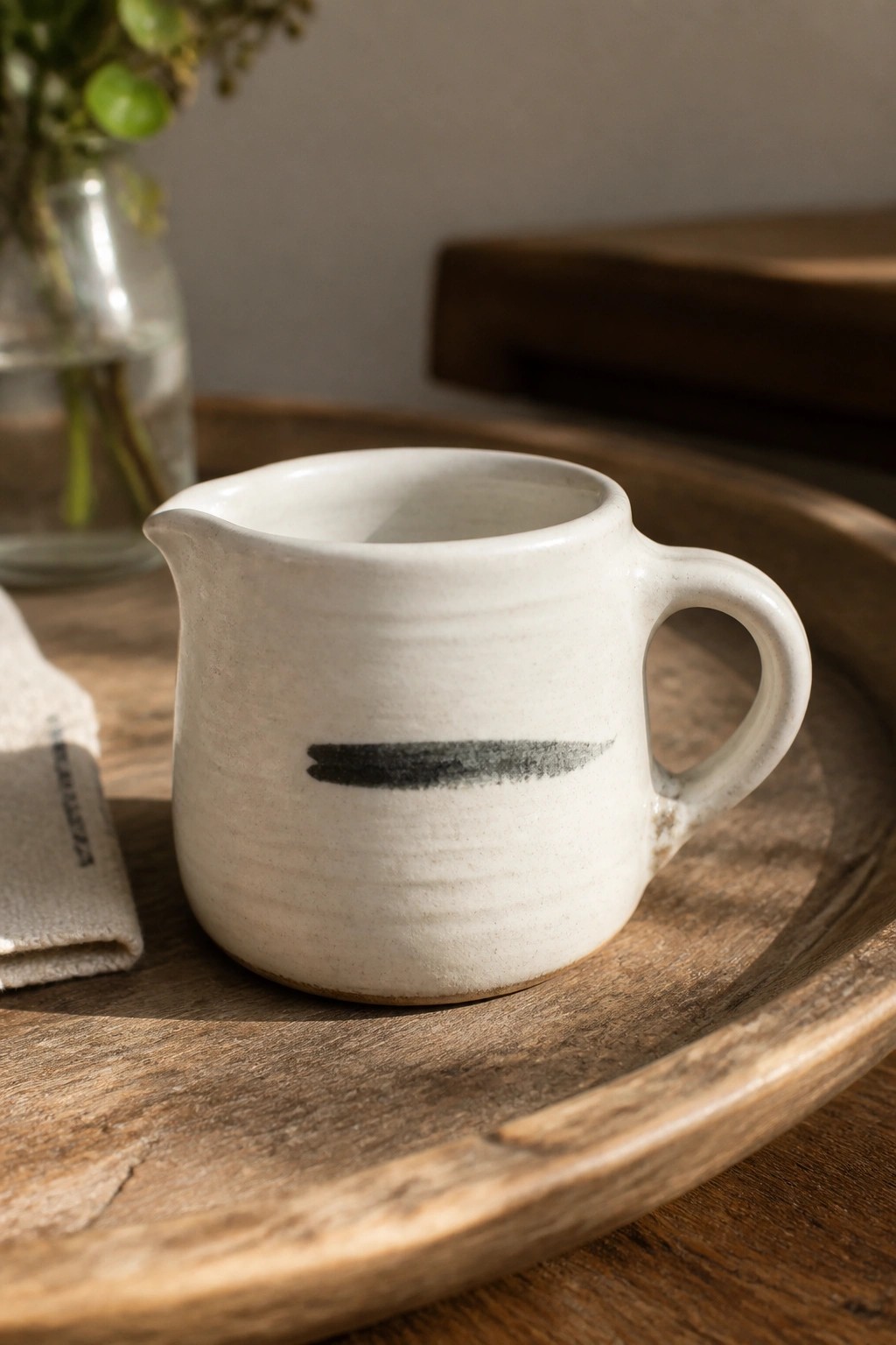 White ceramic pitcher with black brushstroke on round wooden tray beside glass vase