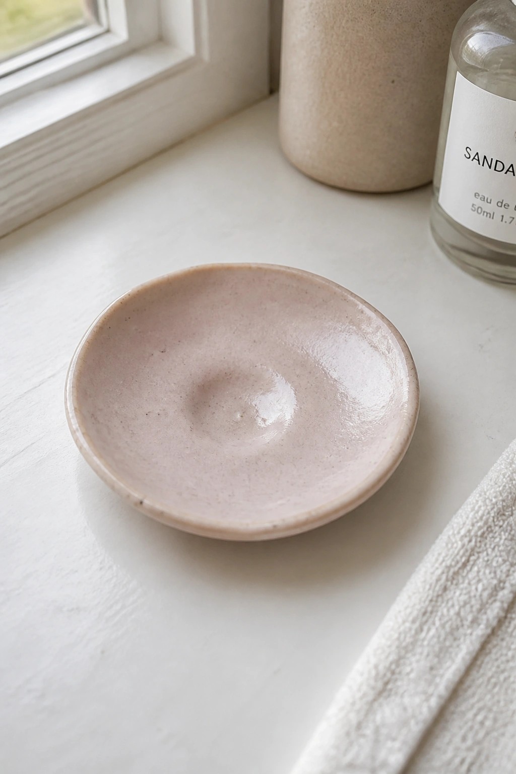 Small pink speckled ceramic dish on white windowsill beside glass perfume bottle