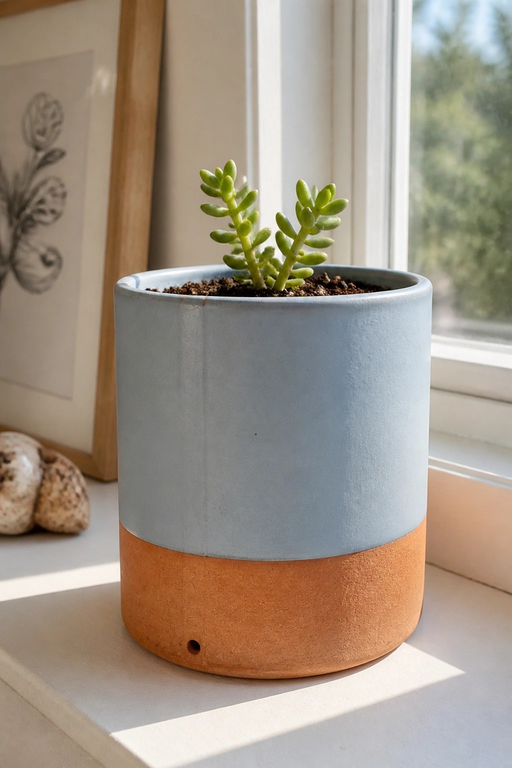 Small succulent in blue and terracotta pot on bright windowsill