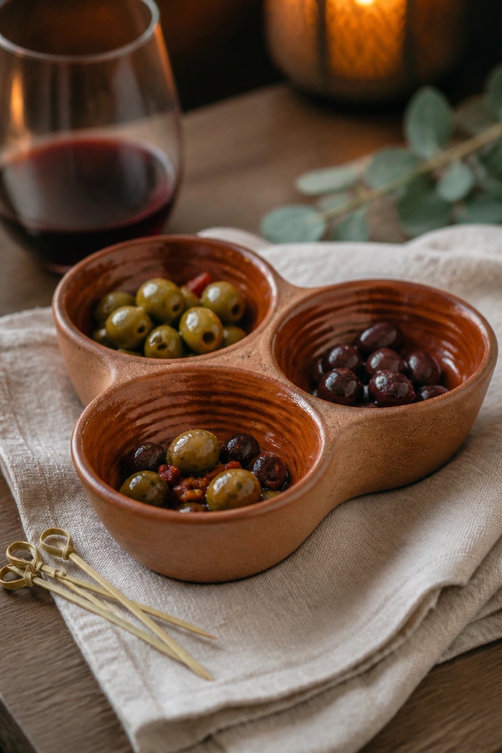 A brown ceramic dish with three connected compartments holds mixed olives on a cloth beside a wine glass and small wooden picks.