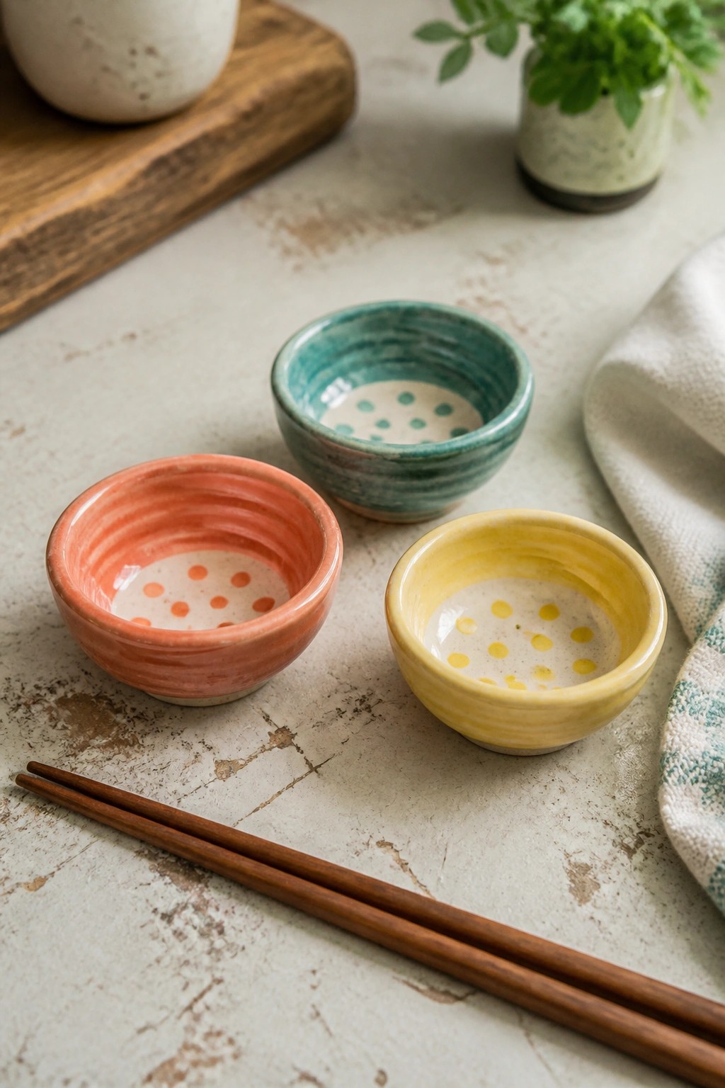 Three colorful ceramic bowls with polka dots beside wooden chopsticks on a table.