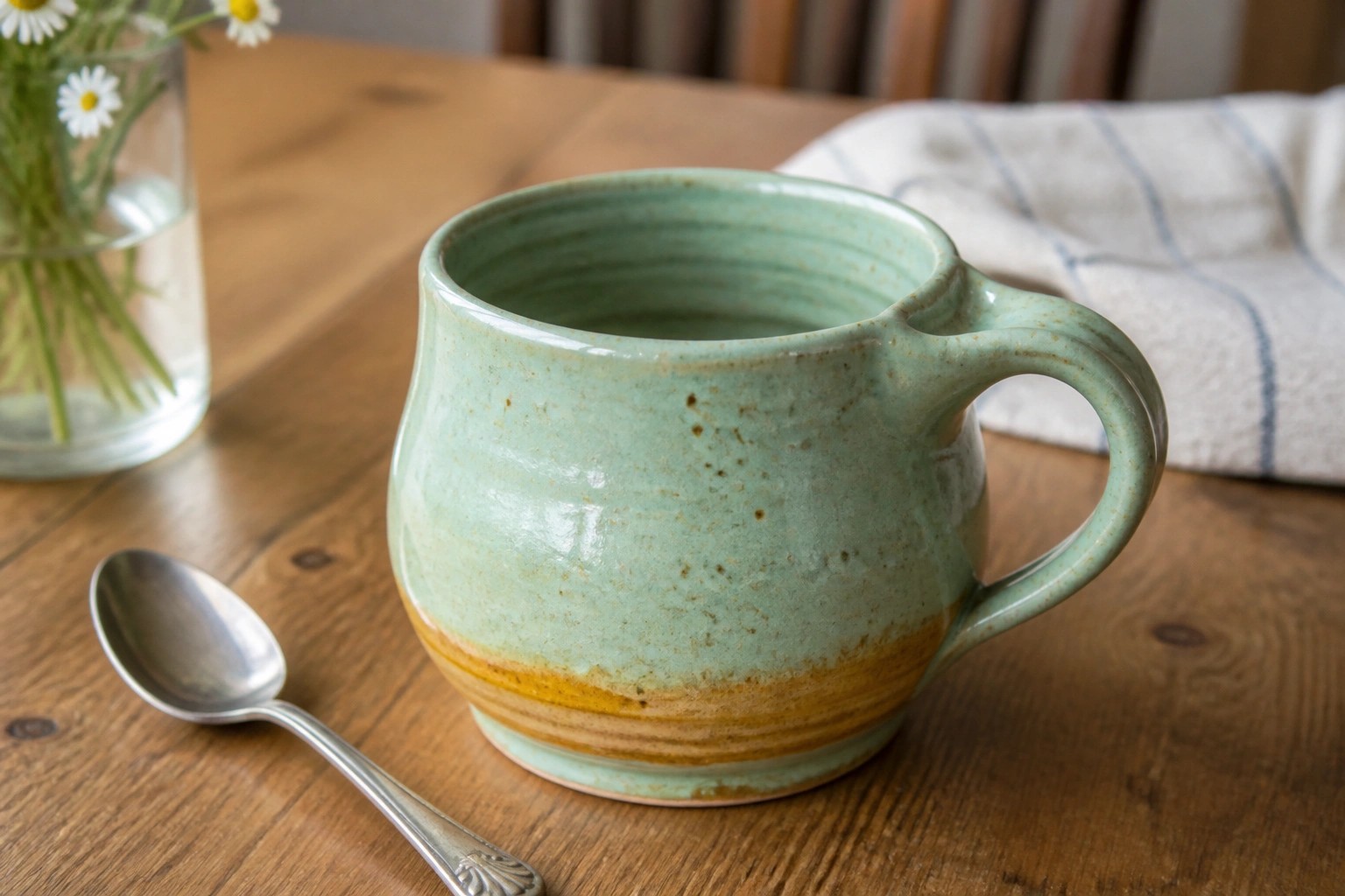 Green speckled ceramic mug and spoon on rustic wooden table with plant