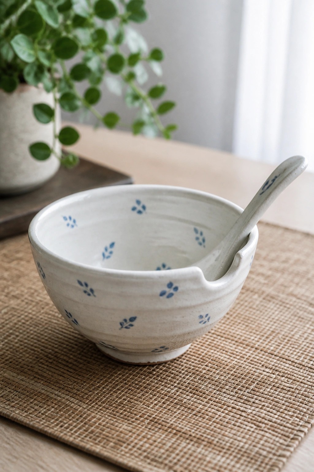 White ceramic bowl with blue leaf patterns and spoon on woven mat near potted plant
