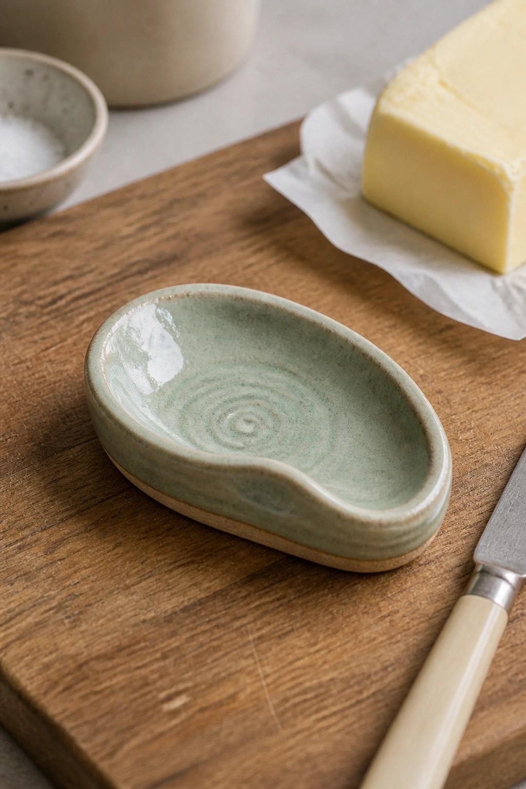 Green ceramic dish on wooden board beside butter block and knife