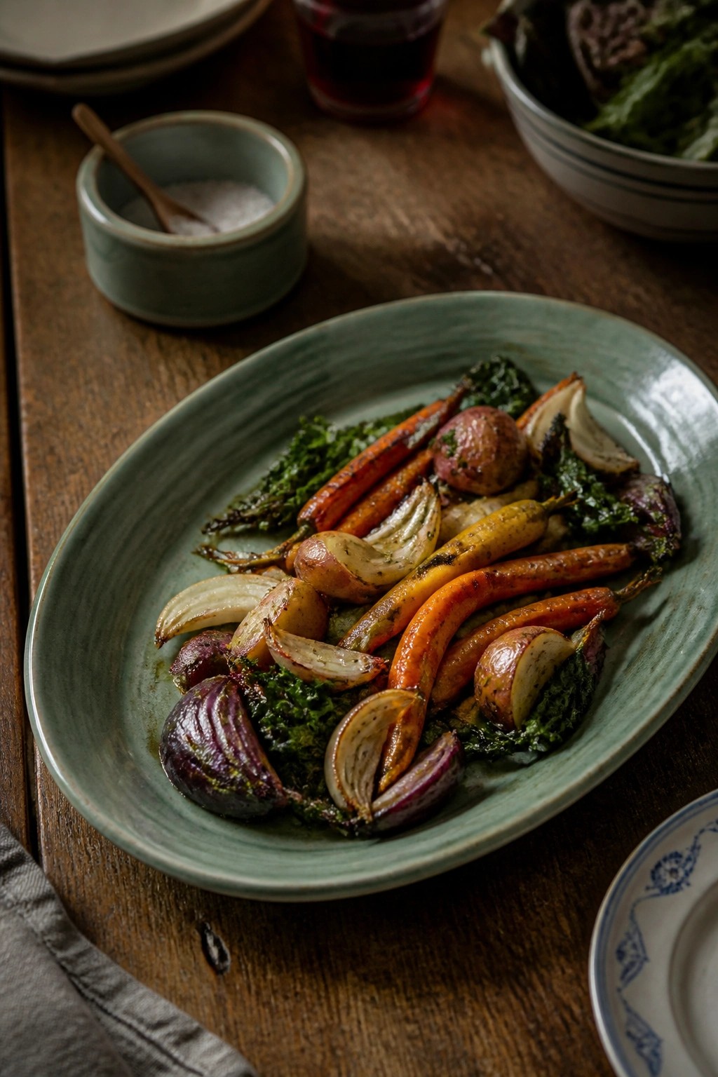 Roasted carrots, onions, potatoes, and kale on an oval green plate.