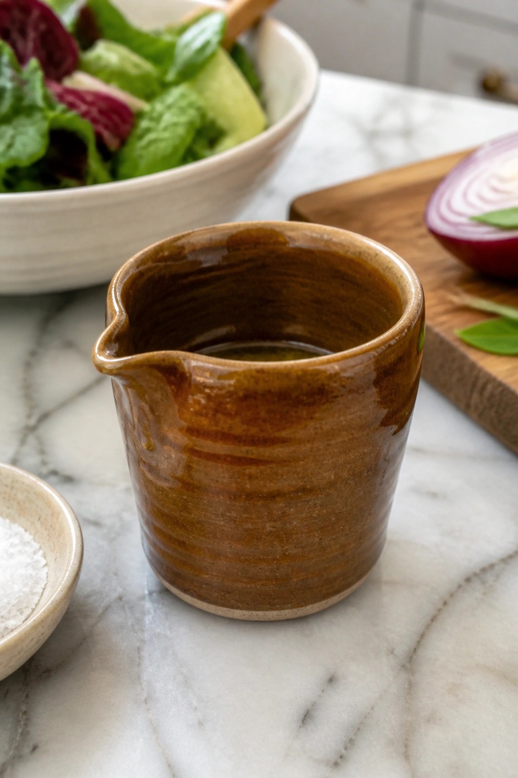 Brown ceramic pitcher of oil on marble with salad, onion, and salt