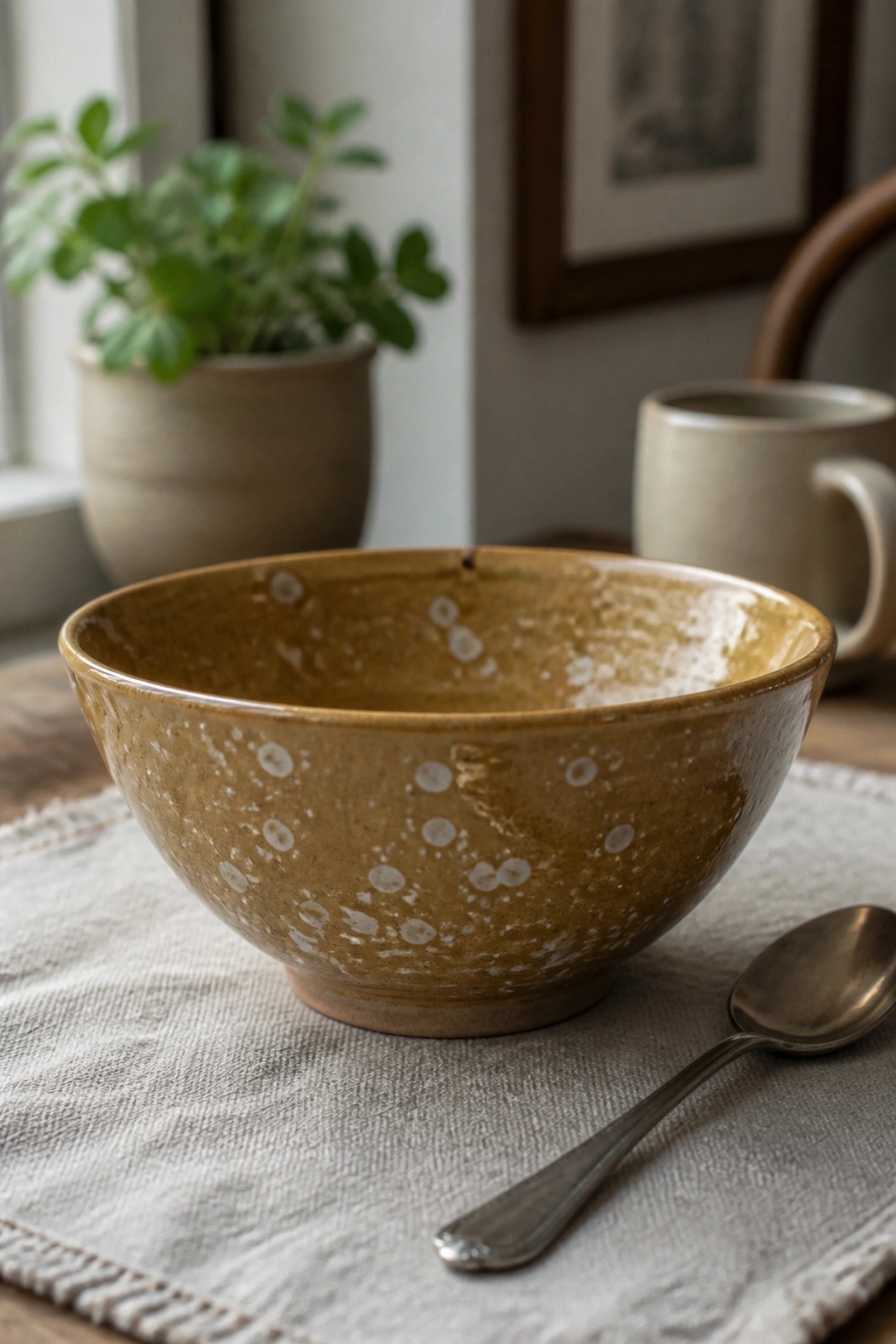 Speckled mustard ceramic bowl on linen cloth beside metal spoon