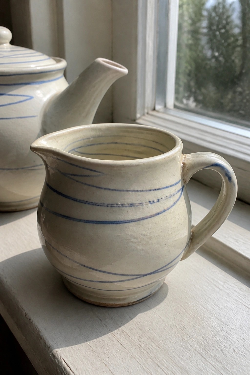 White ceramic creamer with blue stripes beside matching teapot on windowsill