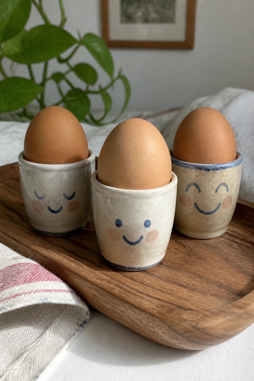 Three brown eggs in smiling ceramic cups on a wooden tray