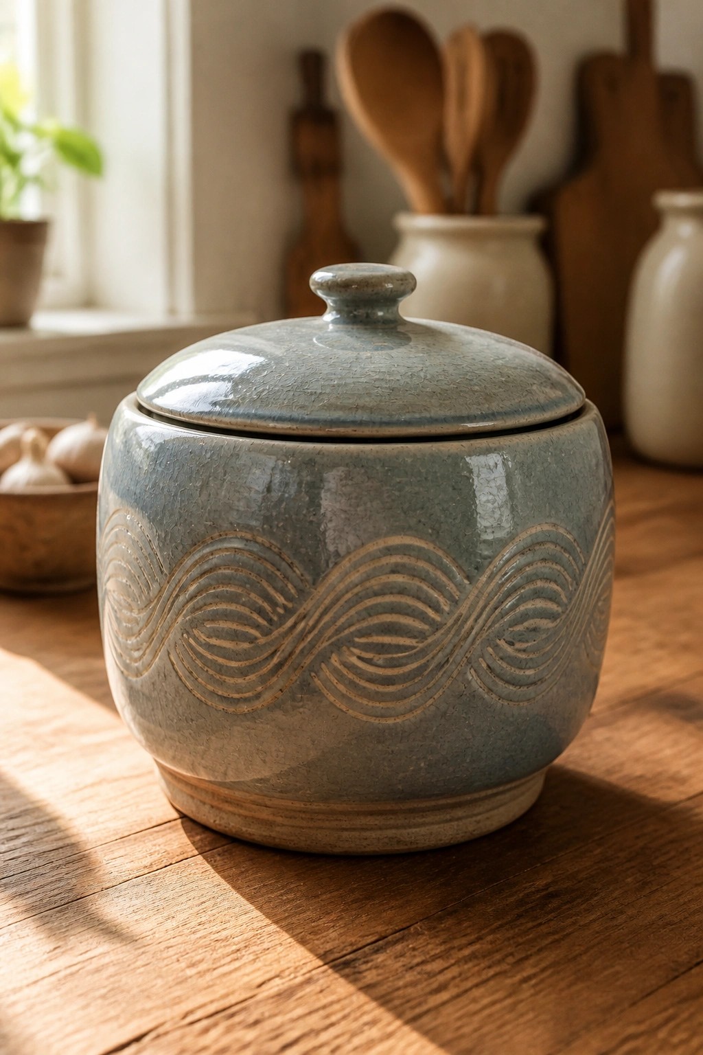 Lidded blue ceramic jar with wave patterns on sunlit wooden table