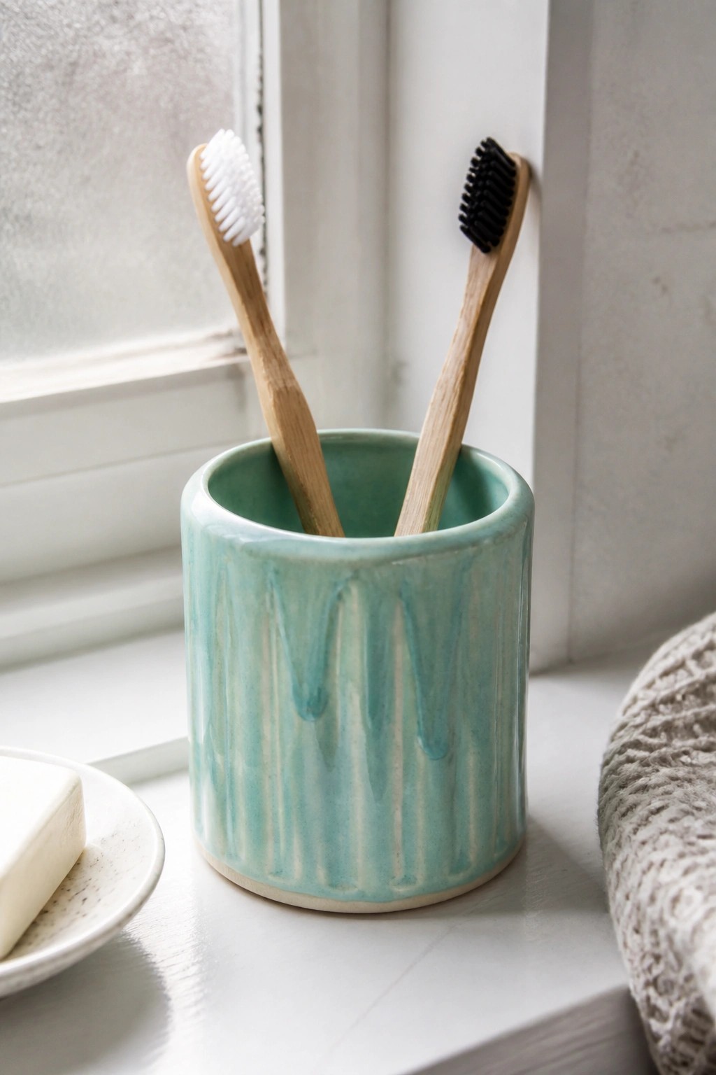 Two bamboo toothbrushes in turquoise ceramic holder on white windowsill beside soap