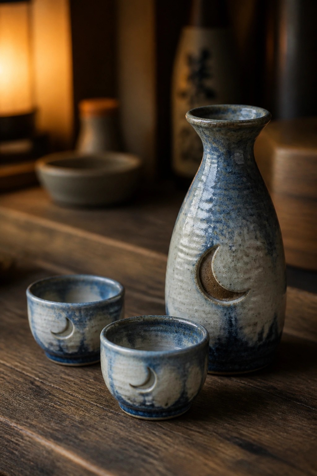 Blue-glazed sake bottle and cups with crescent moons on dark wood
