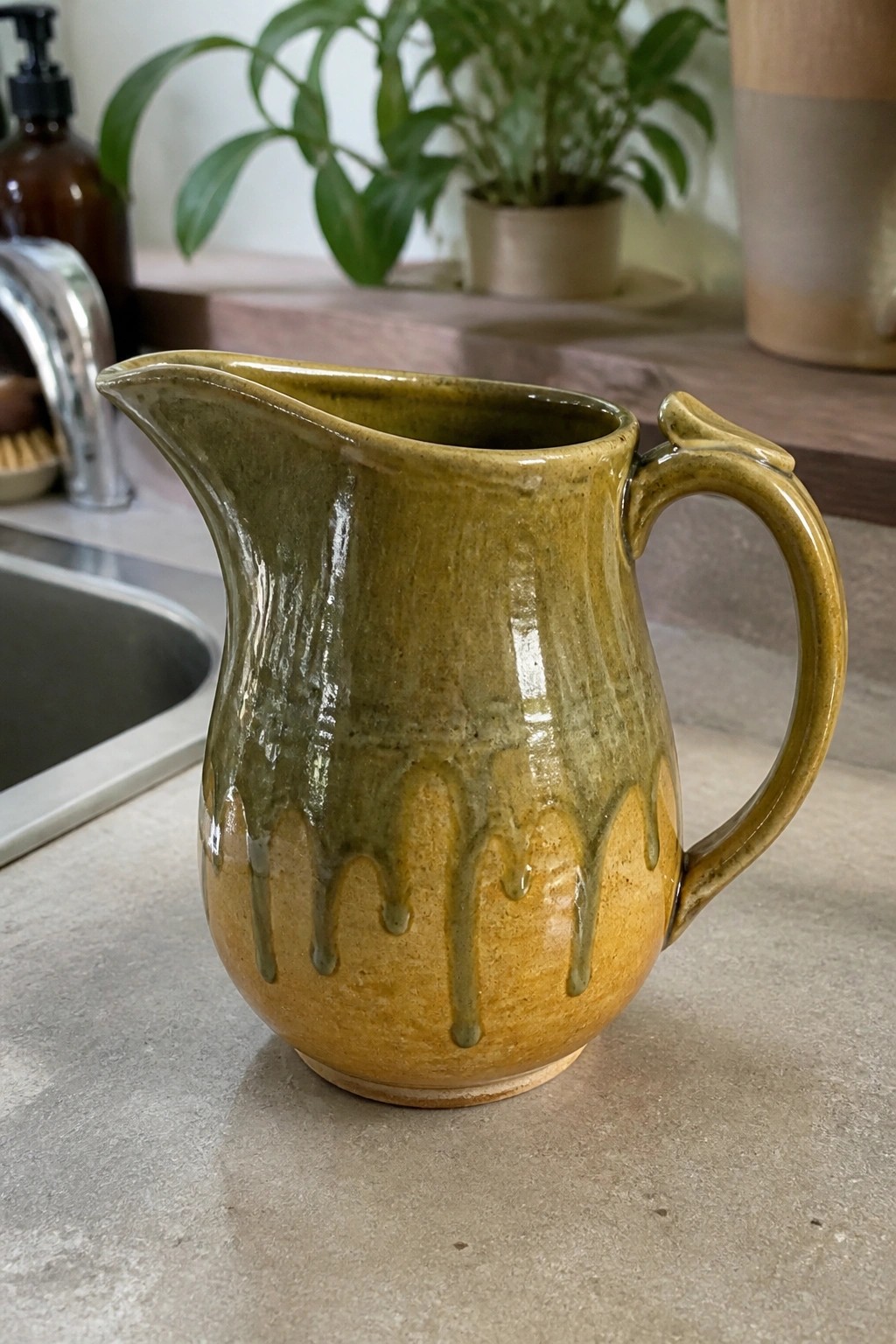 A ceramic pitcher with a handle and spout, covered in a yellow and green dripping glaze, sits on a stone countertop.