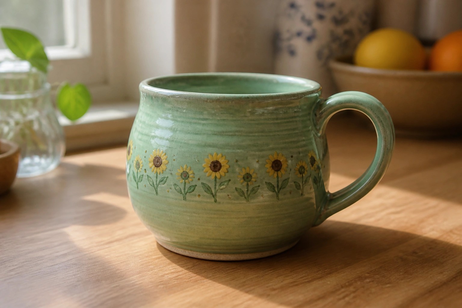 Green ceramic mug with yellow sunflowers on wooden kitchen counter