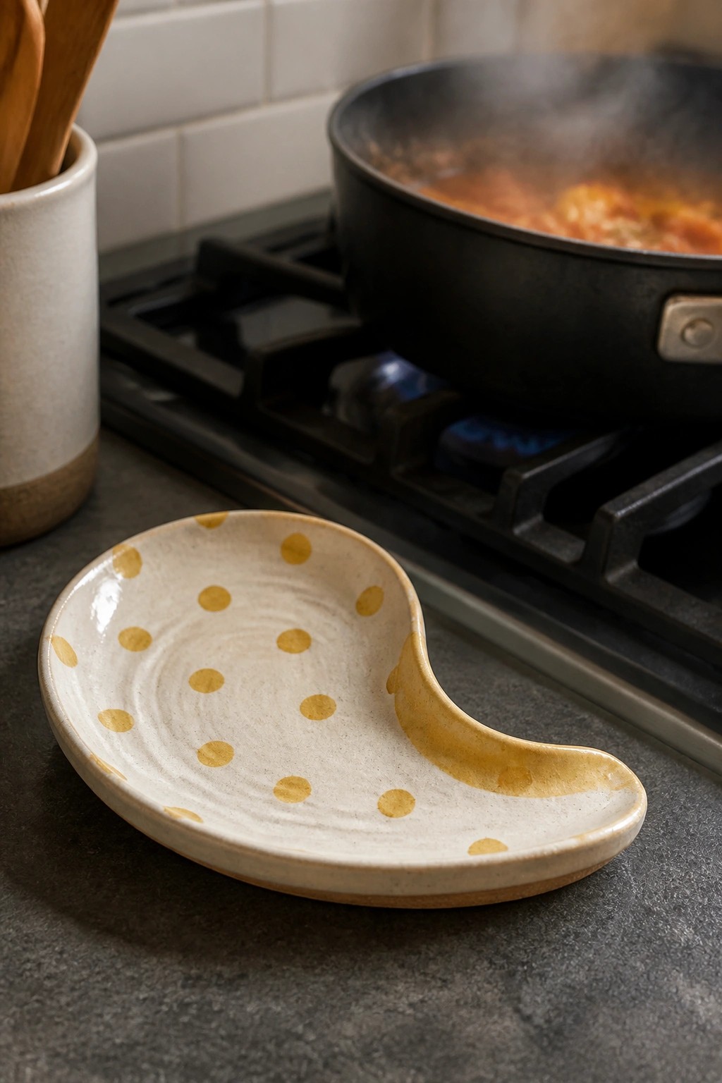Ceramic spoon rest with yellow polka dots near steaming pan on gas stove