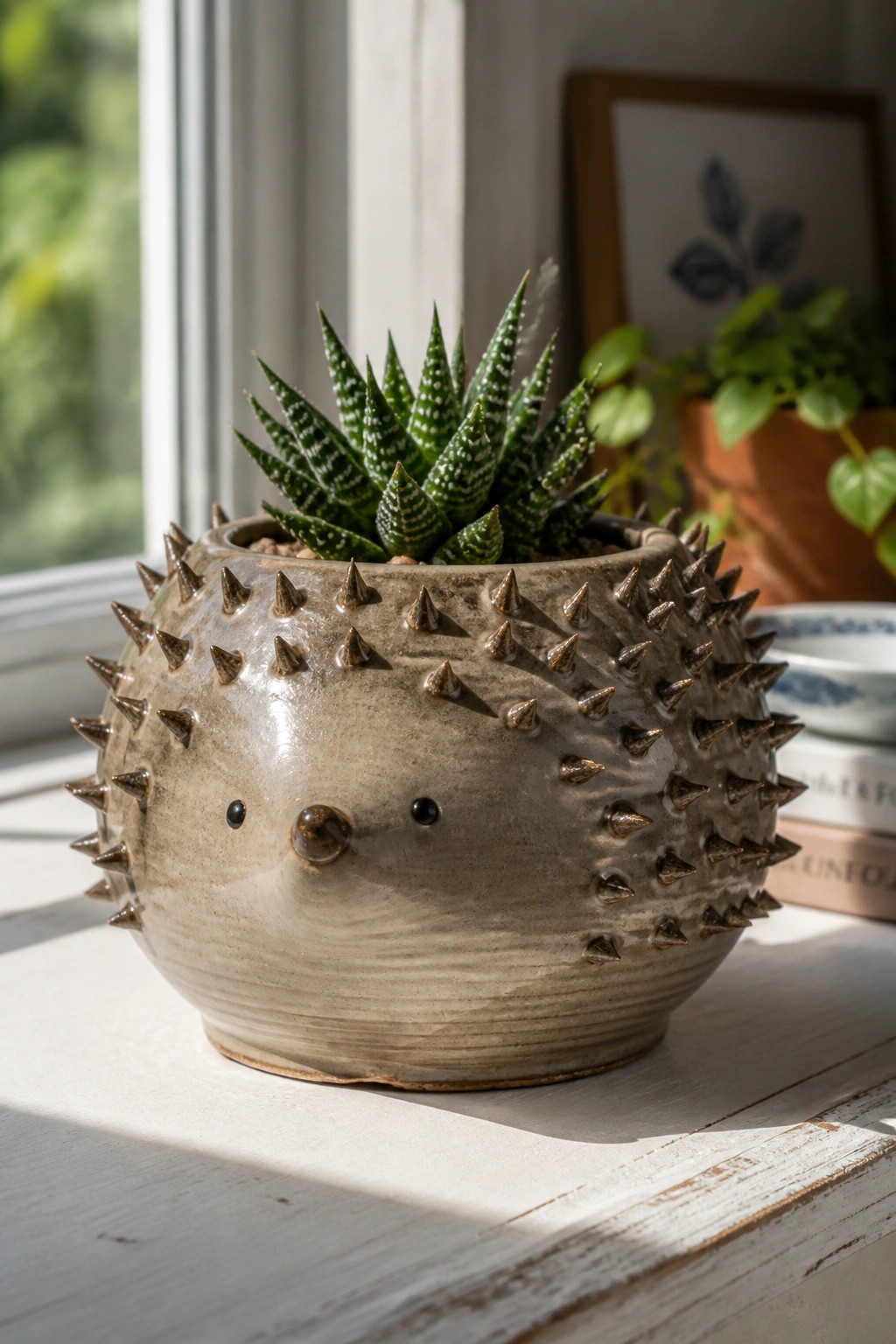 Spiky gray ceramic hedgehog pot with succulent on sunny white windowsill.