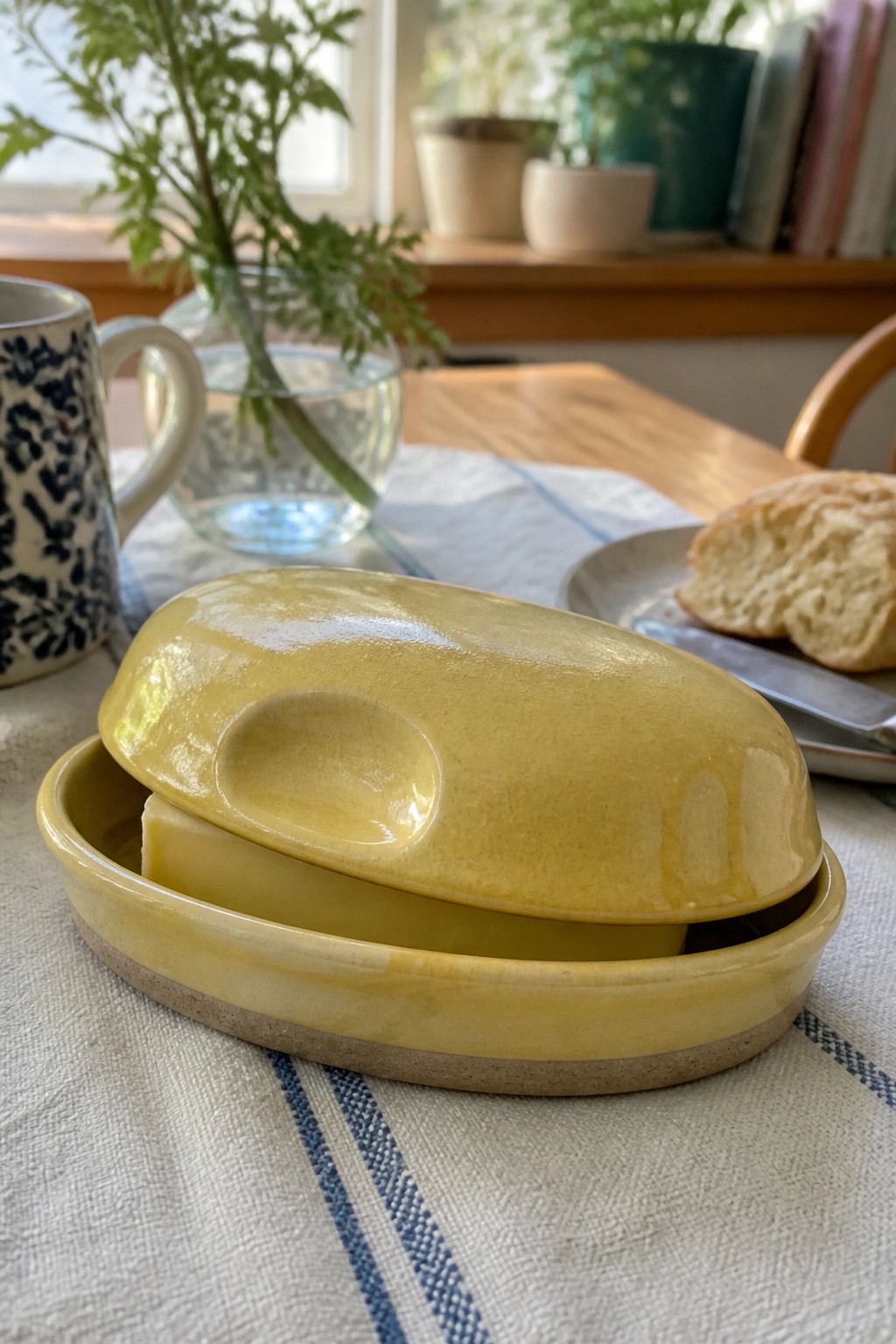 Yellow ceramic butter dish with lid on blue-striped tablecloth beside mug