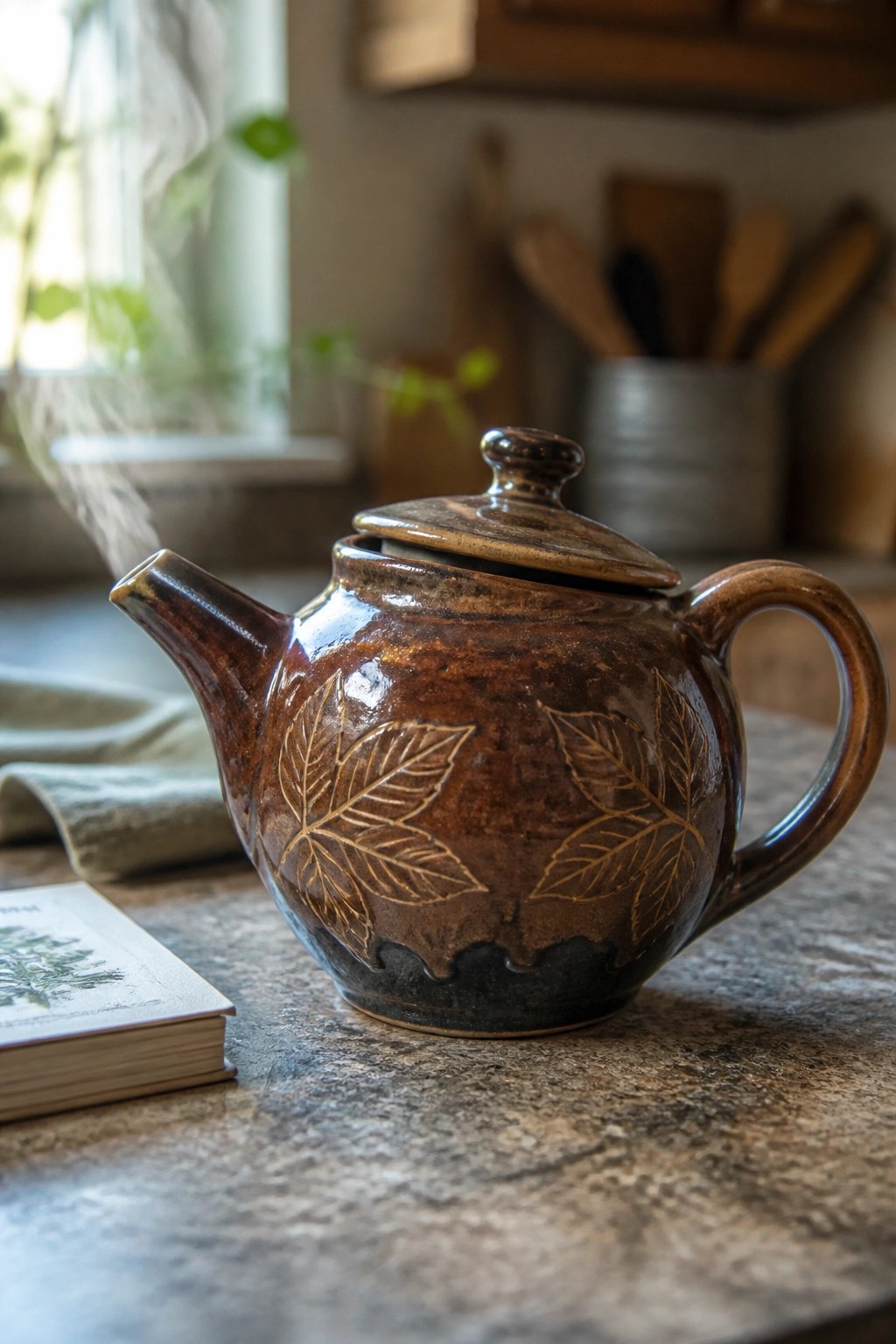 Brown ceramic teapot with leaf designs, steam rising beside a book on countertop
