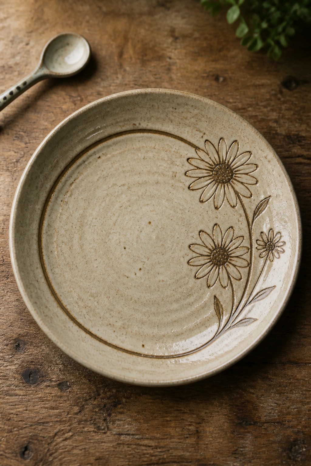 Ceramic plate with embossed daisies on rustic wooden table beside spoon
