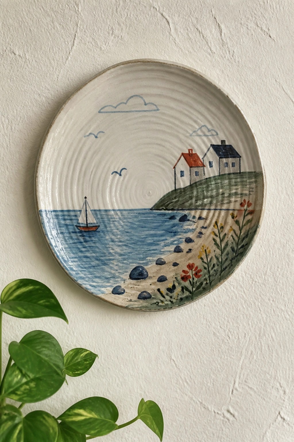 Hand-painted ceramic plate showing coastal scene with sailboat, houses, beach, and flowers.