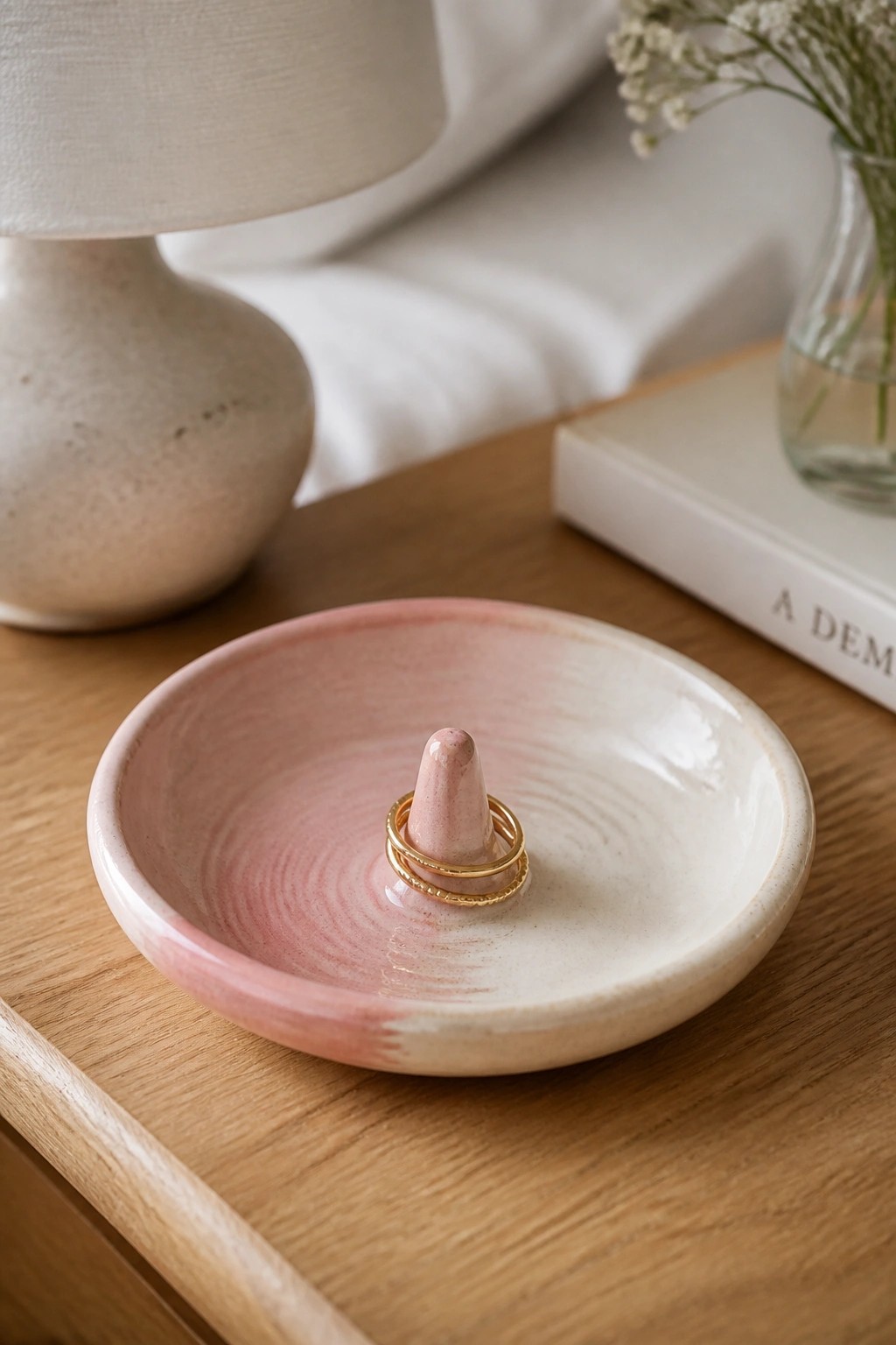 Pink ceramic ring dish with gold bands on wooden table beside lamp and book