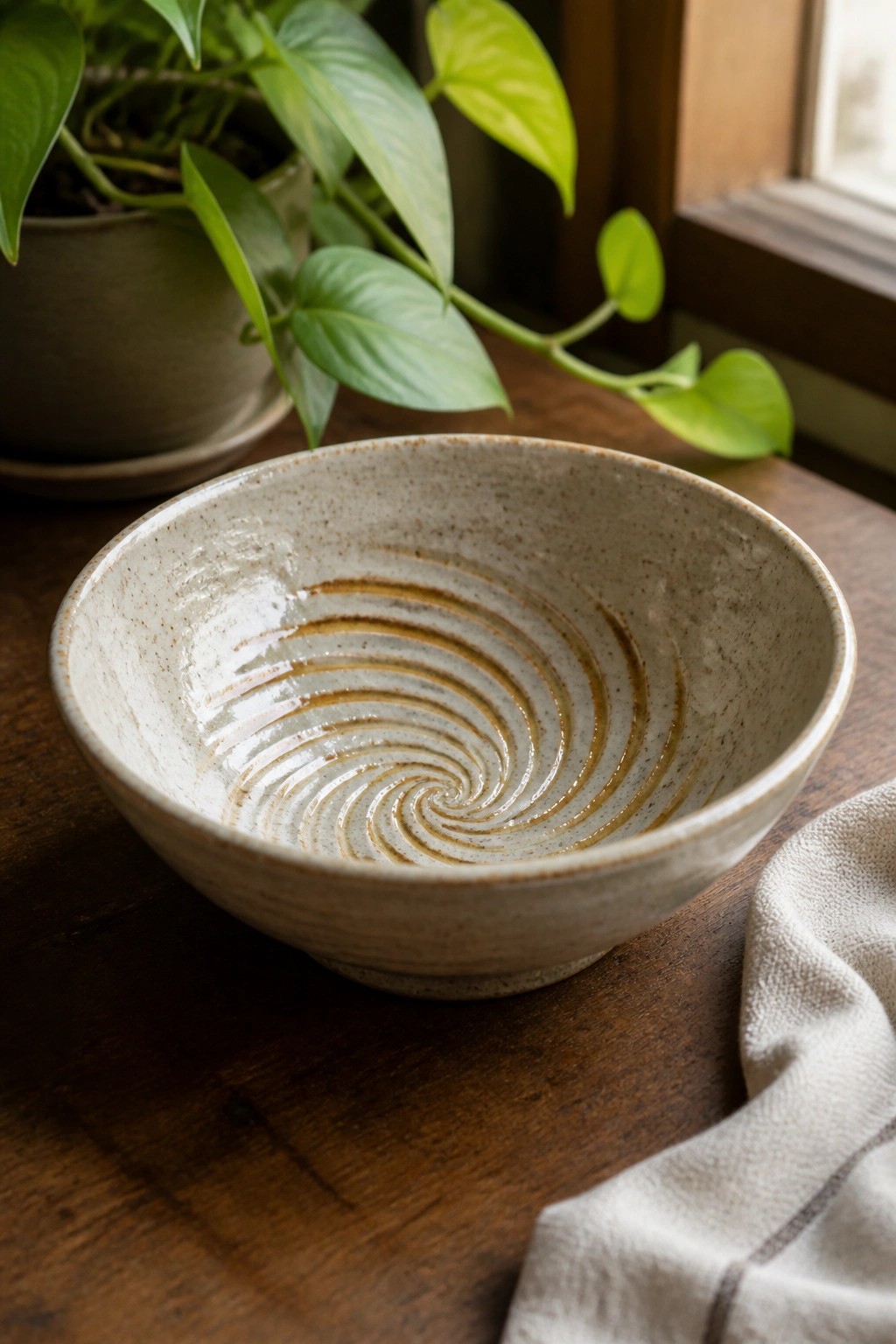 Speckled ceramic bowl with brown spiral pattern on wooden table near green plant