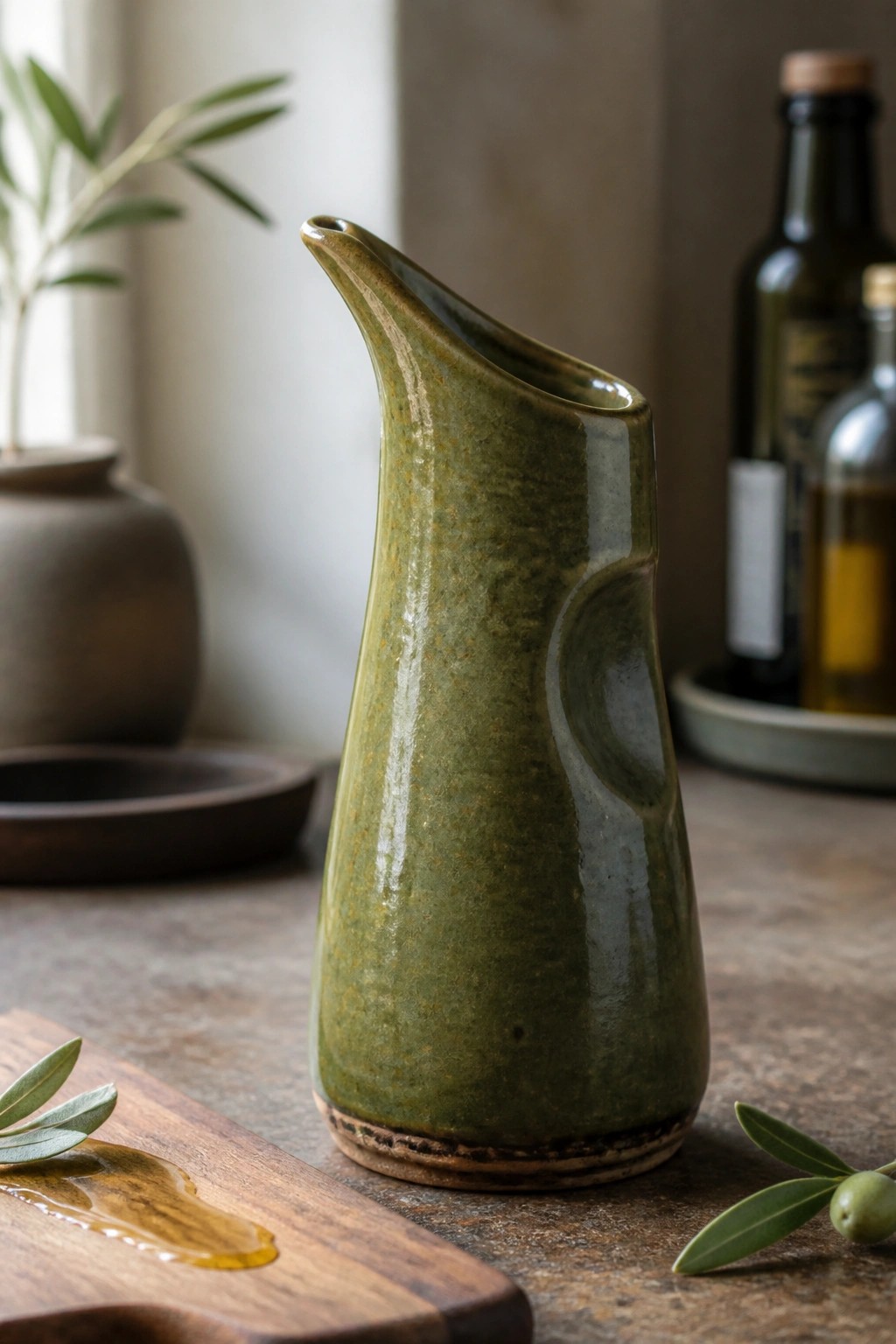 Green ceramic pitcher on rustic table with olive oil and leaves nearby.