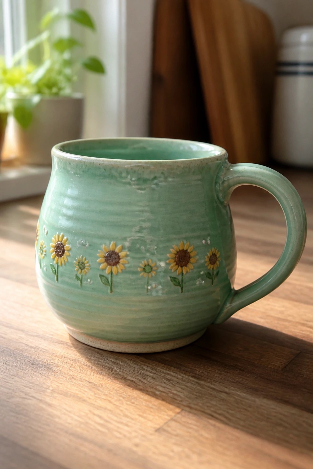 Green ceramic mug with yellow sunflowers on wooden kitchen counter