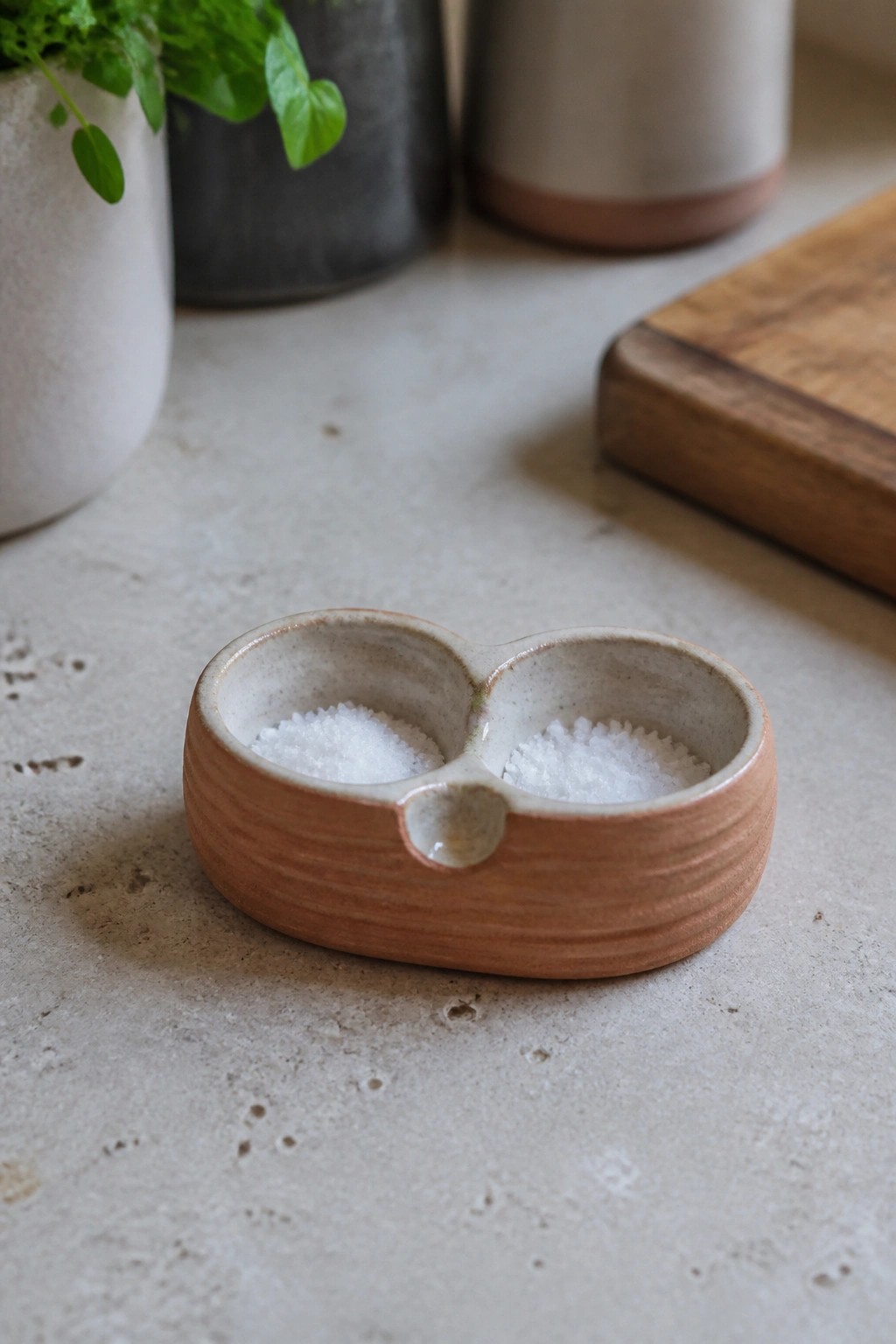 Ceramic double salt dish with white crystals on a stone kitchen counter