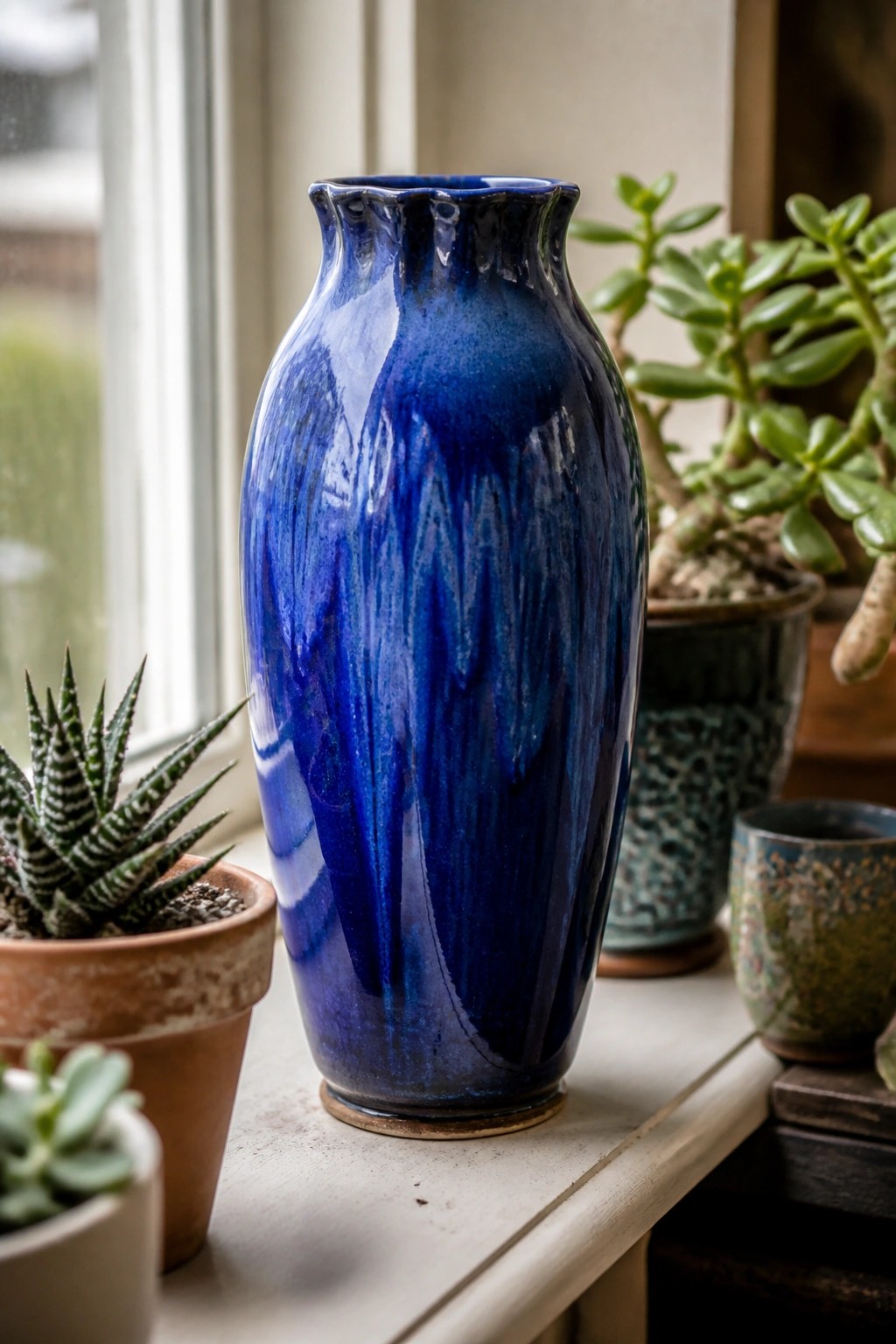 Blue ceramic vase with dripping glaze on windowsill amid potted succulents and plants