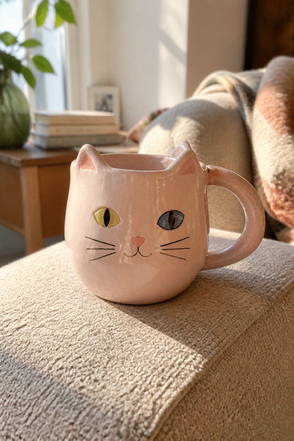 Pink ceramic cat mug with mismatched eyes and whiskers on beige fabric.
