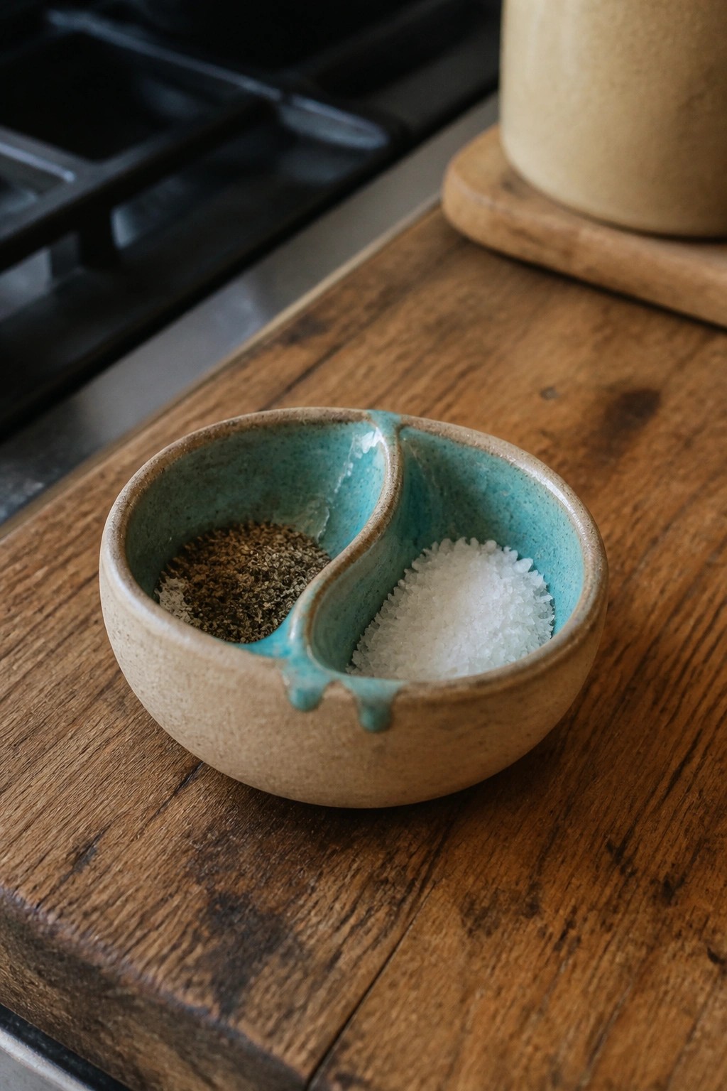 A small ceramic bowl divided into two sections, one holding pepper and the other holding salt, on a wooden surface.