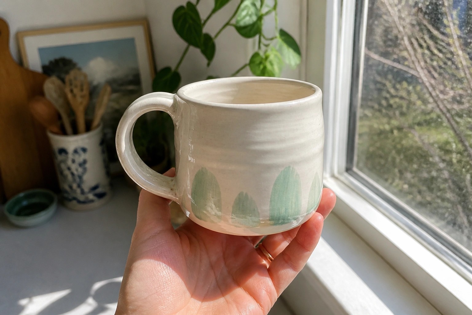 Hand holding a speckled ceramic mug with green leaf patterns near a window