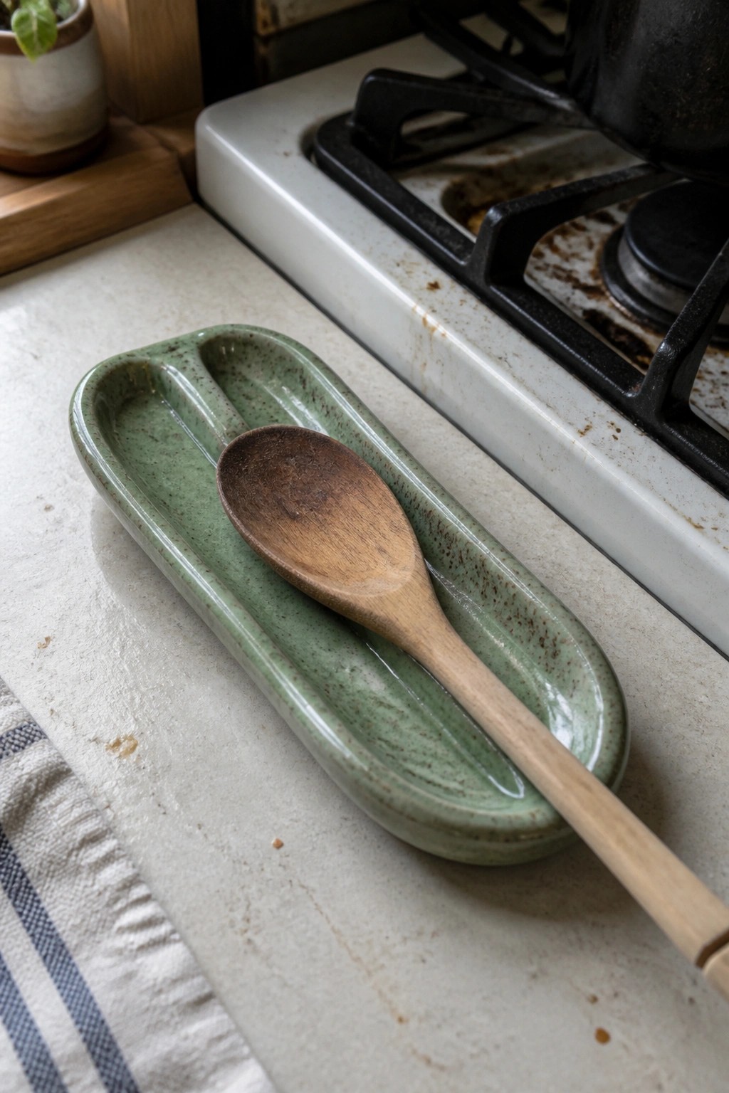 Green ceramic spoon rest with wooden spoon on kitchen counter by stove