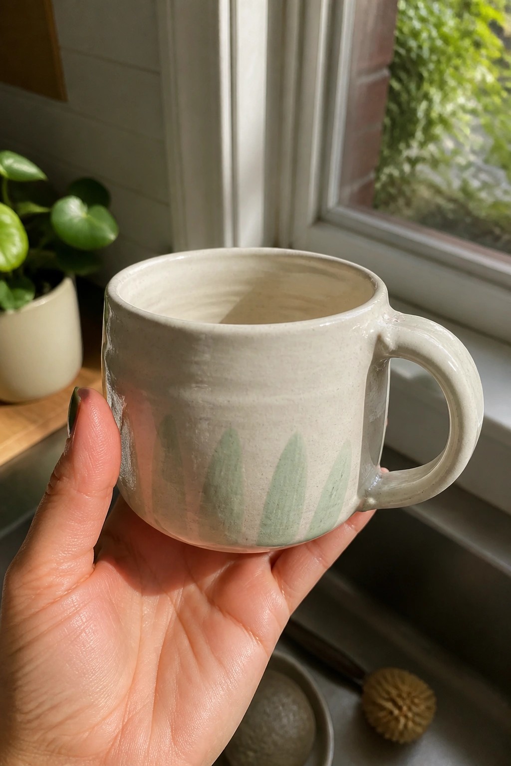 Hand holding a speckled ceramic mug with green leaf patterns near a window