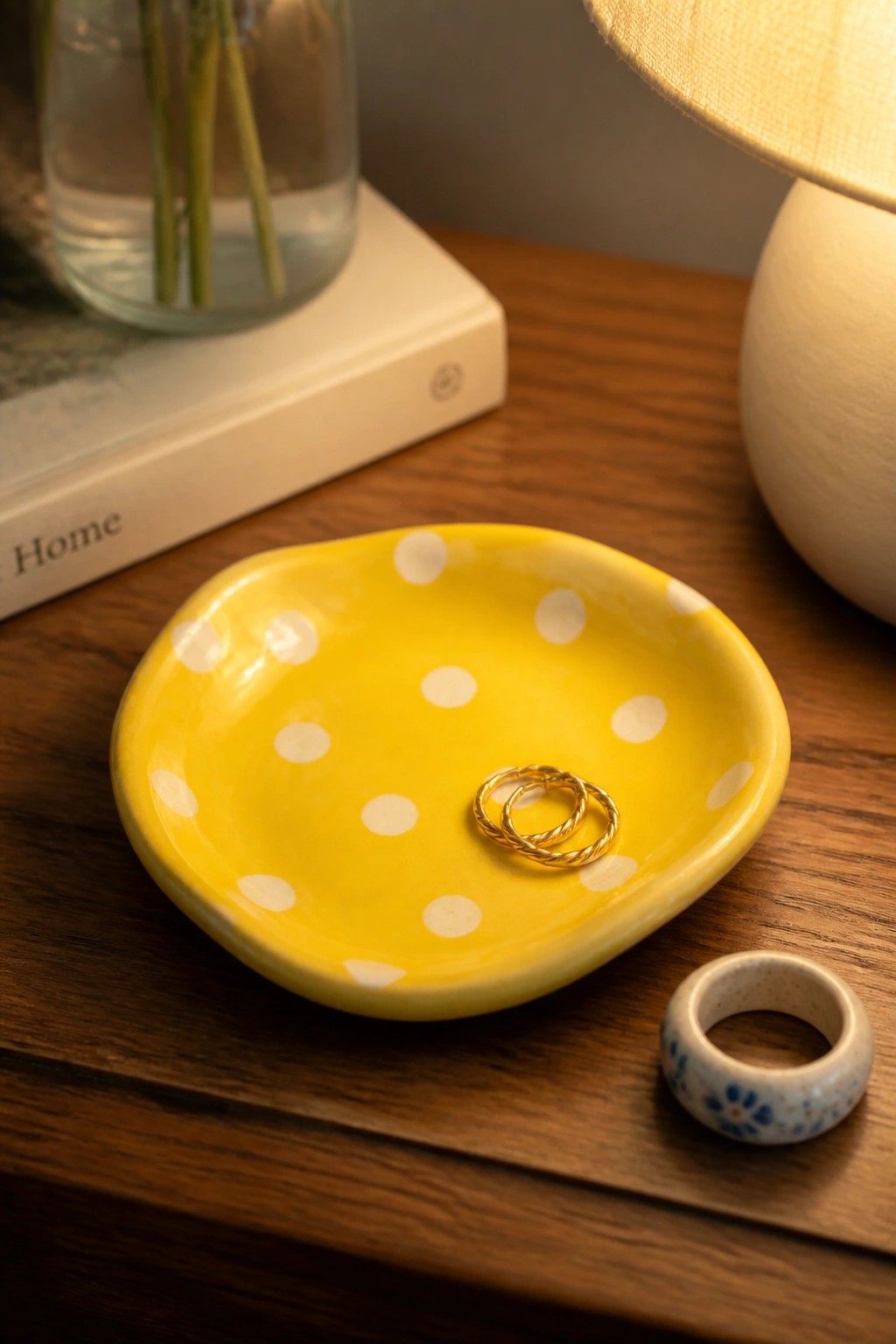Yellow polka dot dish with gold rings beside floral ceramic ring on wood table