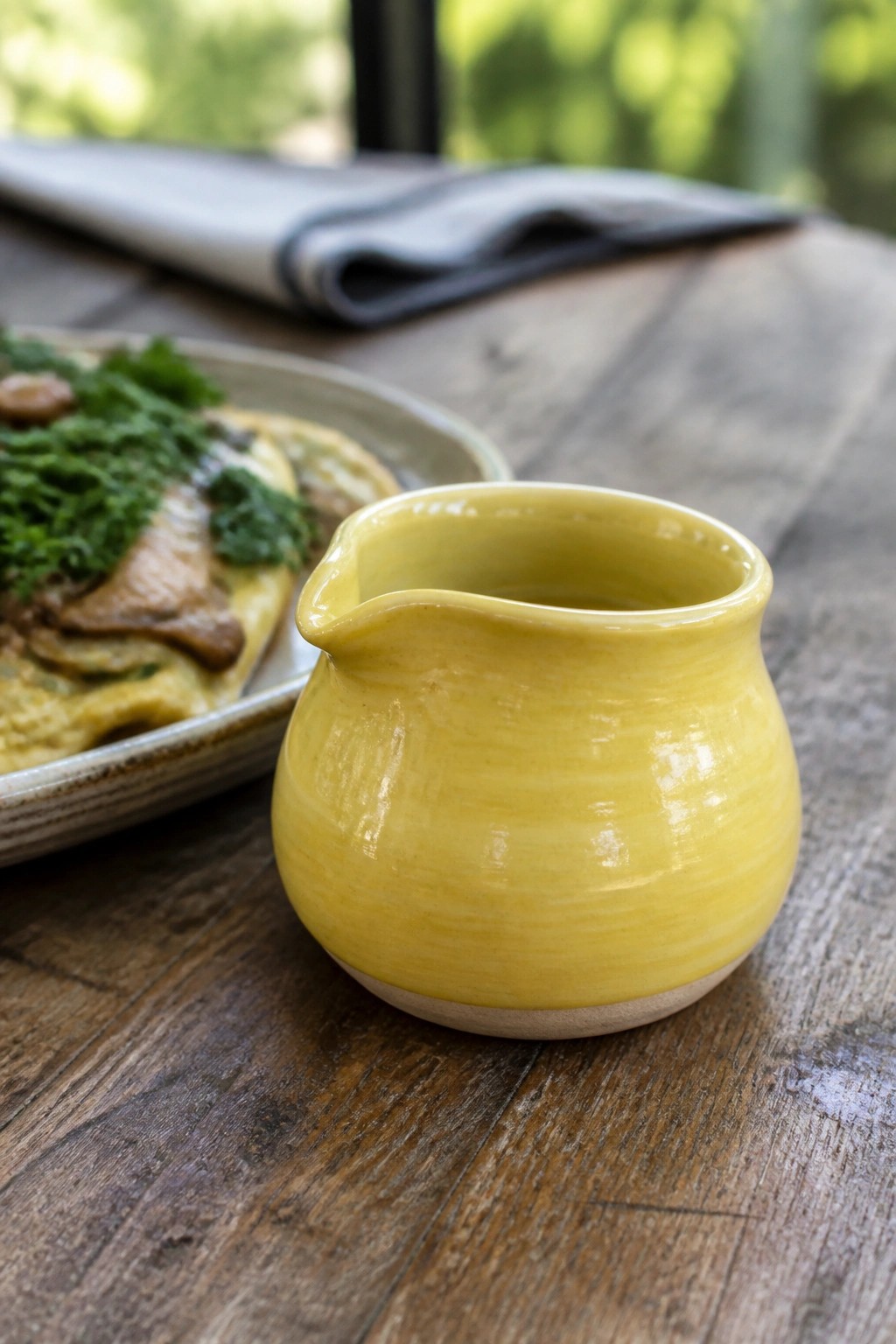 Yellow ceramic pitcher on wooden table beside mushroom omelette plate